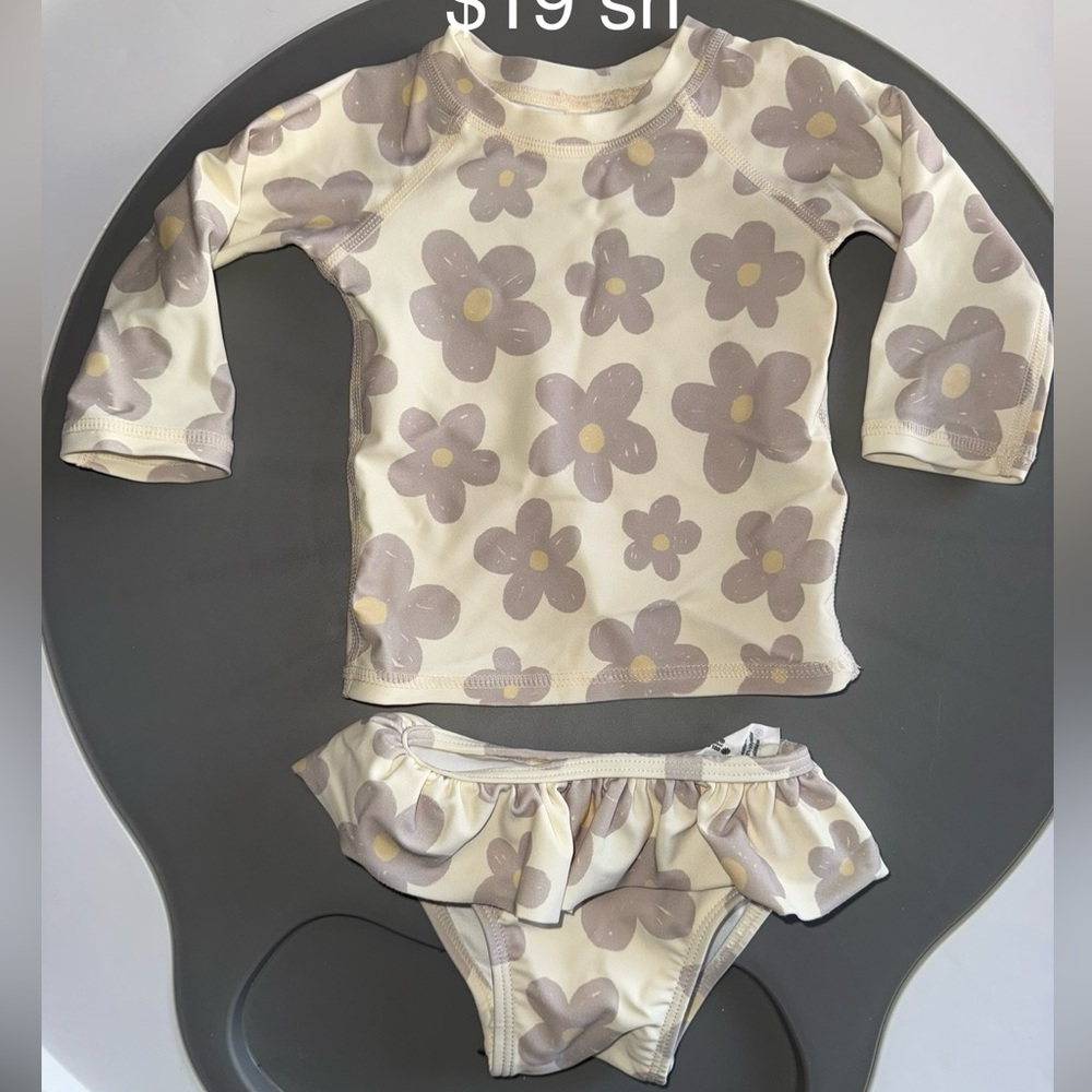 Rylee + Cru Cream and Gray Kids Swim Rashguard